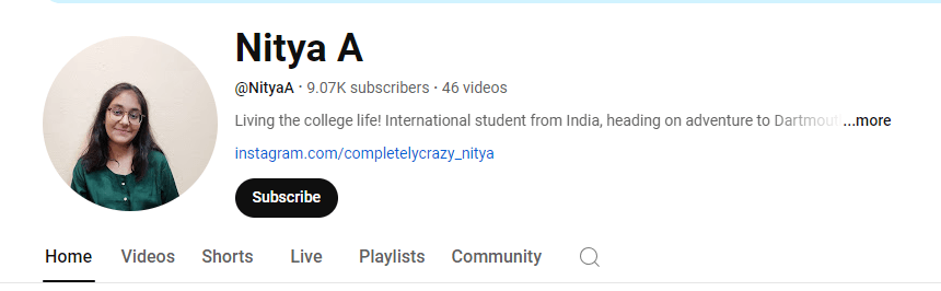 Nitya Agarwala youtube channel dartmouth girl from india