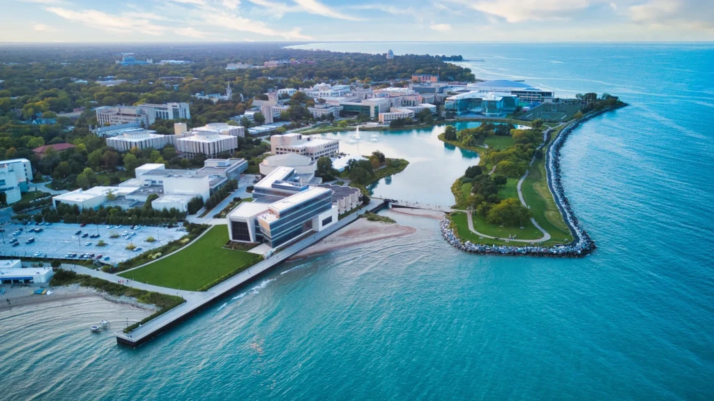 Northwestern University campus in Evanston, Illinois overlooking Lake Michigan