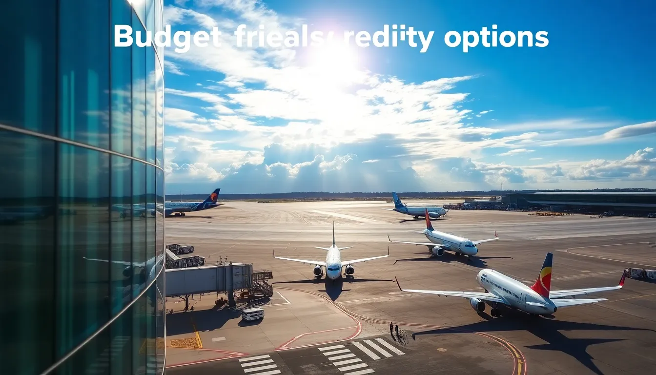 A vibrant airport scene illustrating the cheapest european country to fly to with flights and travelers.