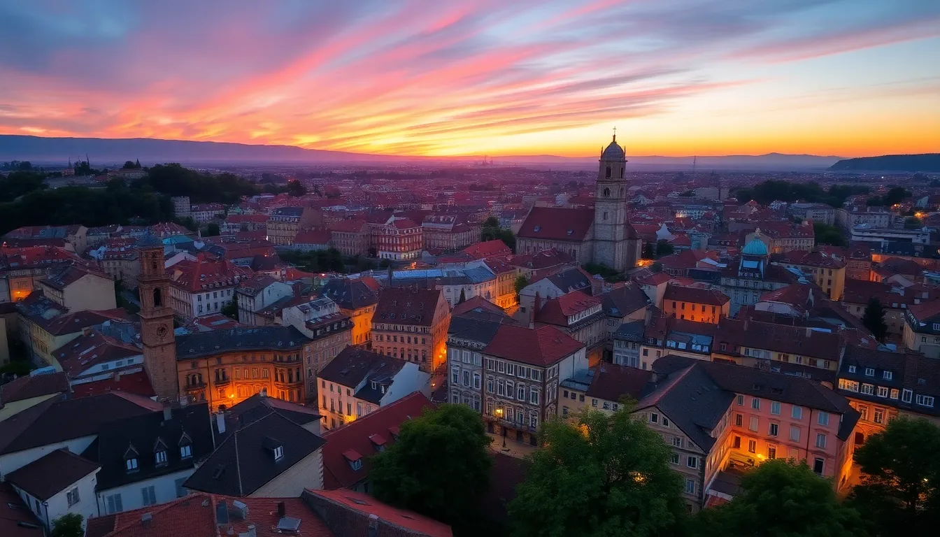 A captivating cityscape representing the cheapest european country to fly into, ideal for student explorations.