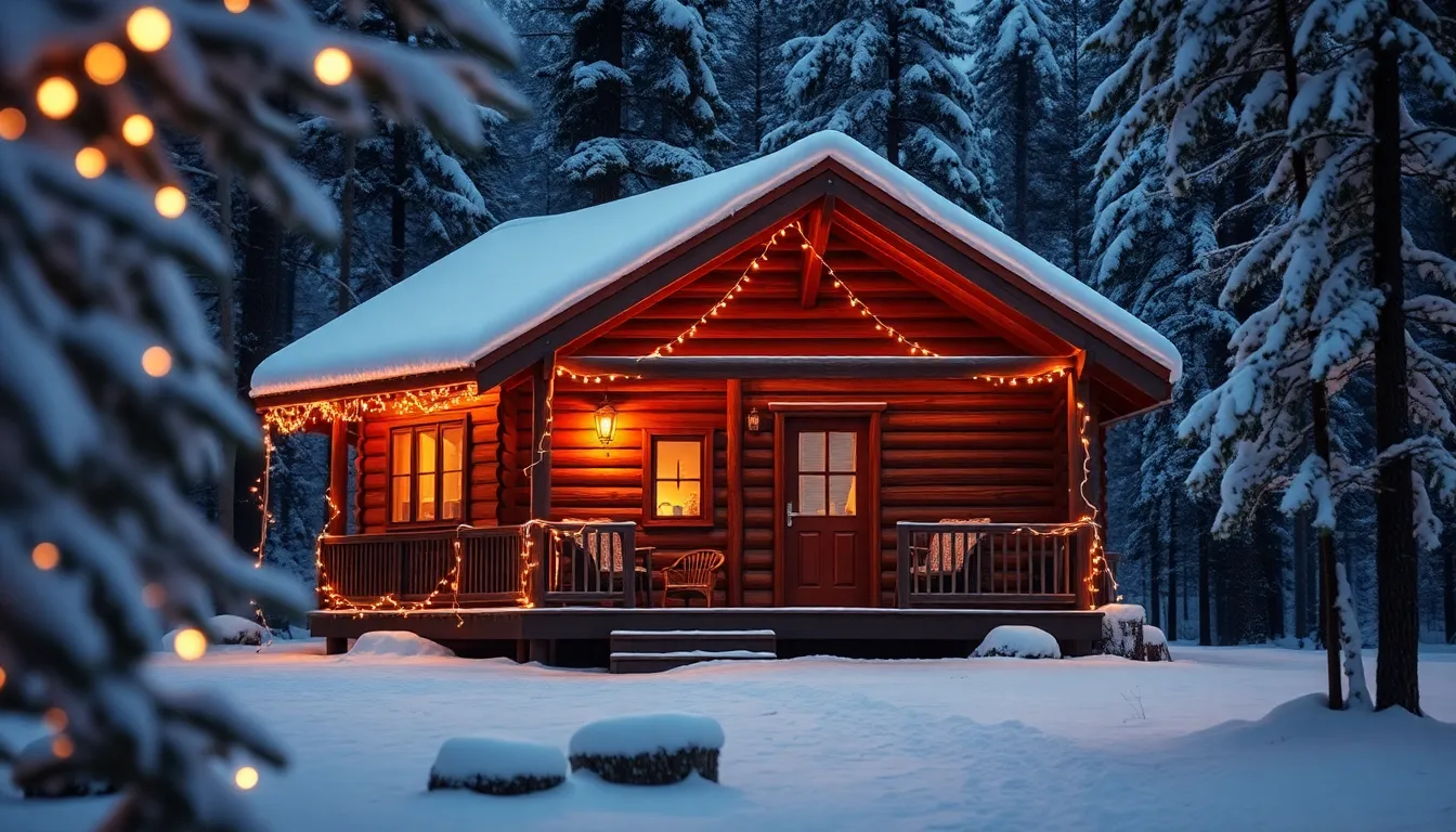 A cozy cabin scene symbolizing cheapest countries to visit from india winter vacation amidst snow-covered trees.