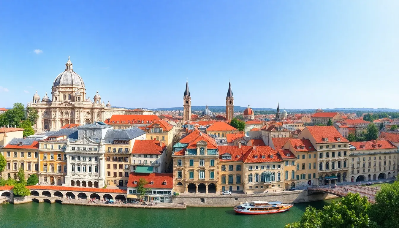 Diverse European landmarks depicting the cheapest european country to fly to for budget travelers.