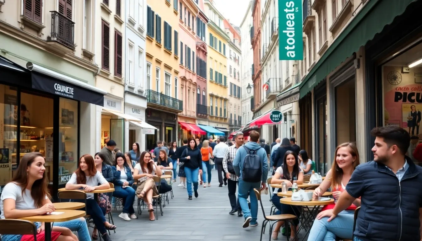 Europe cheapest country to visit depicted through a lively student-friendly street scene.