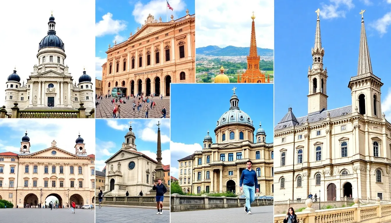 A collection of landmarks illustrating the cheapest european country to fly into for affordable adventures.