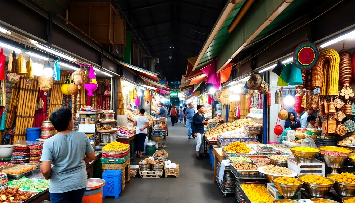 A lively street market scene representing the cheapest countries to visit, showcasing local goods and culture.