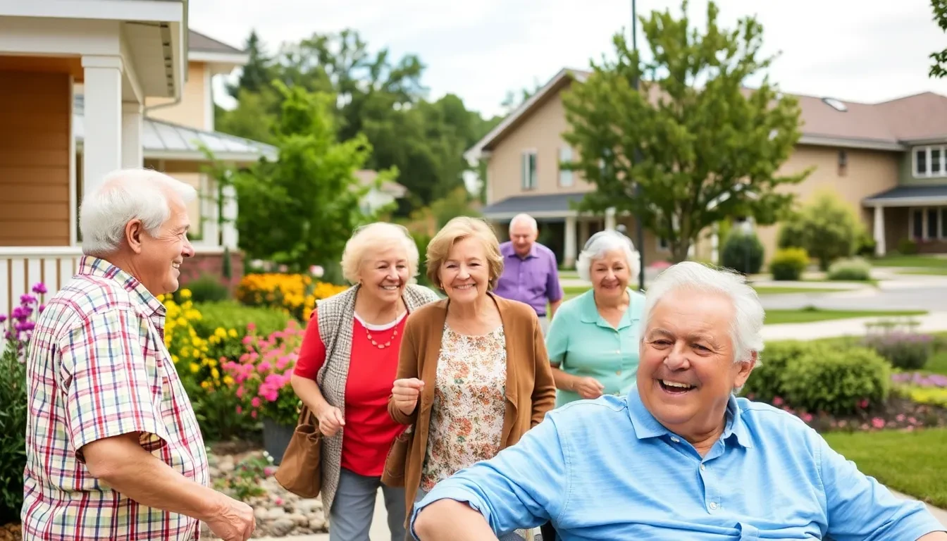 15 cheapest countries for retirement depicted through happy retirees in a welcoming neighborhood.
