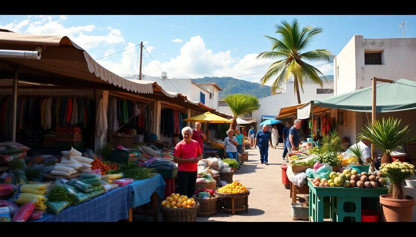 Cheapest countries to retire in featuring a sunny market scene.