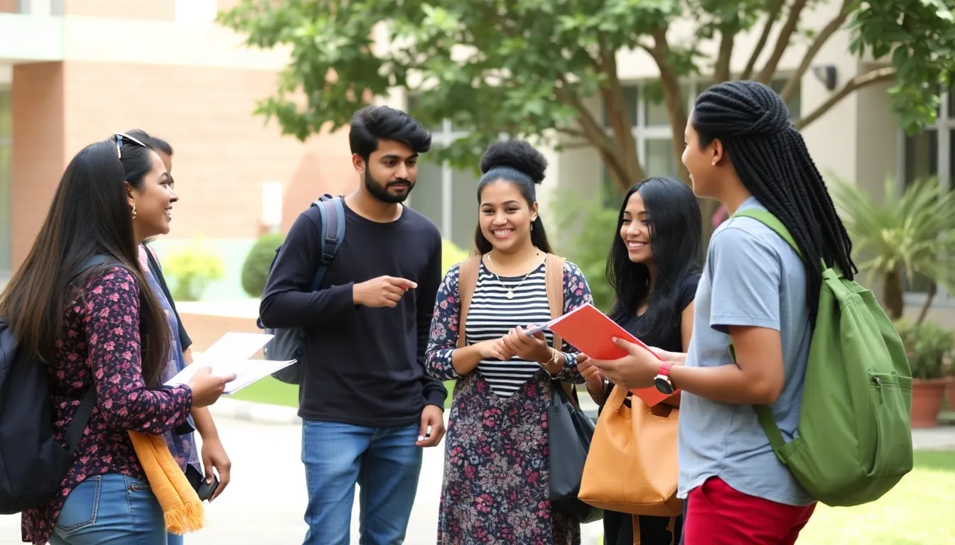 Students collaborating together on campus; keyword: purdue acceptance rate.