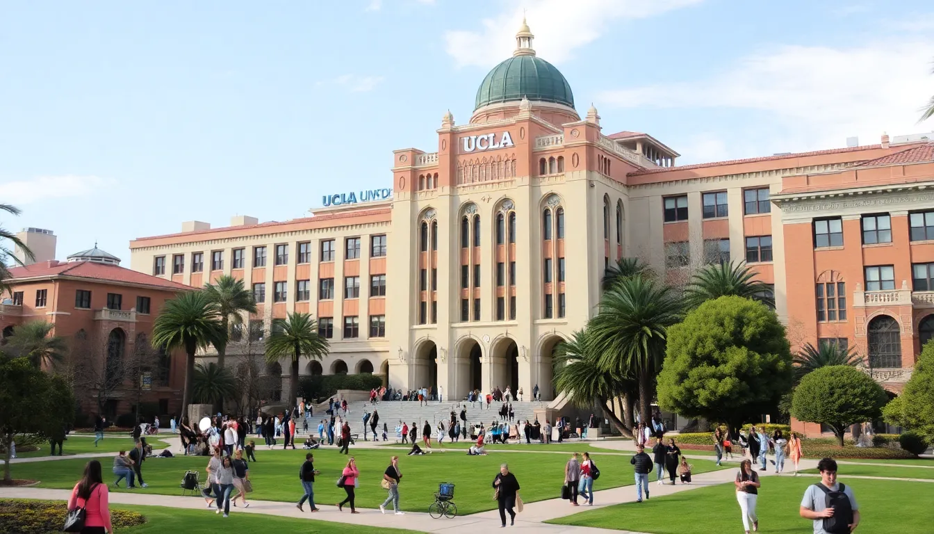 UCLA acceptance rate, featuring a lively campus scene with students engaged in university life.